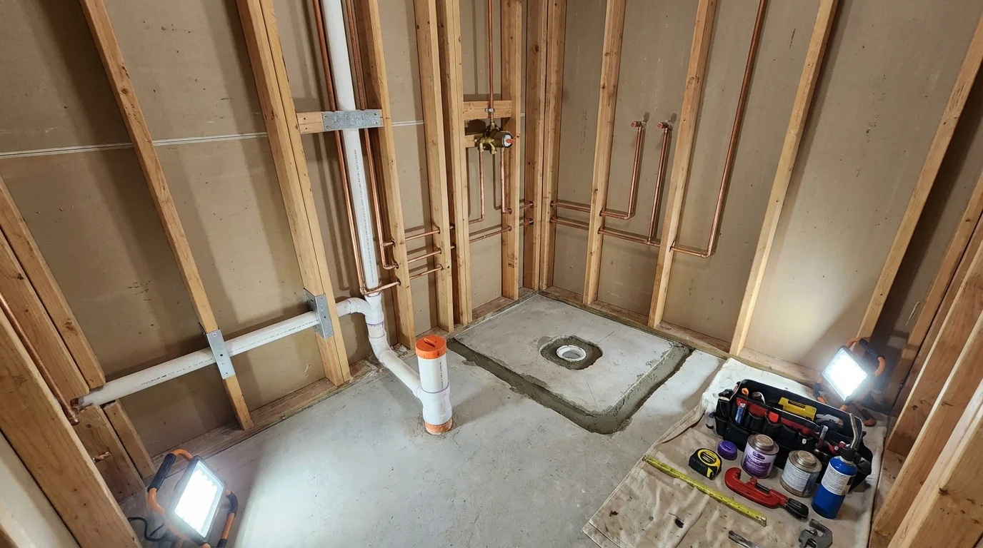 Bathroom rough-in plumbing during remodel by Johns Plumbing LLC in Norton