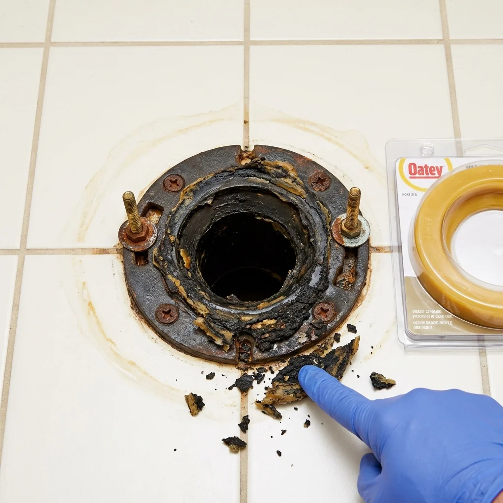 Failed wax ring showing water seepage at the base of a toilet in a Norton, KS home