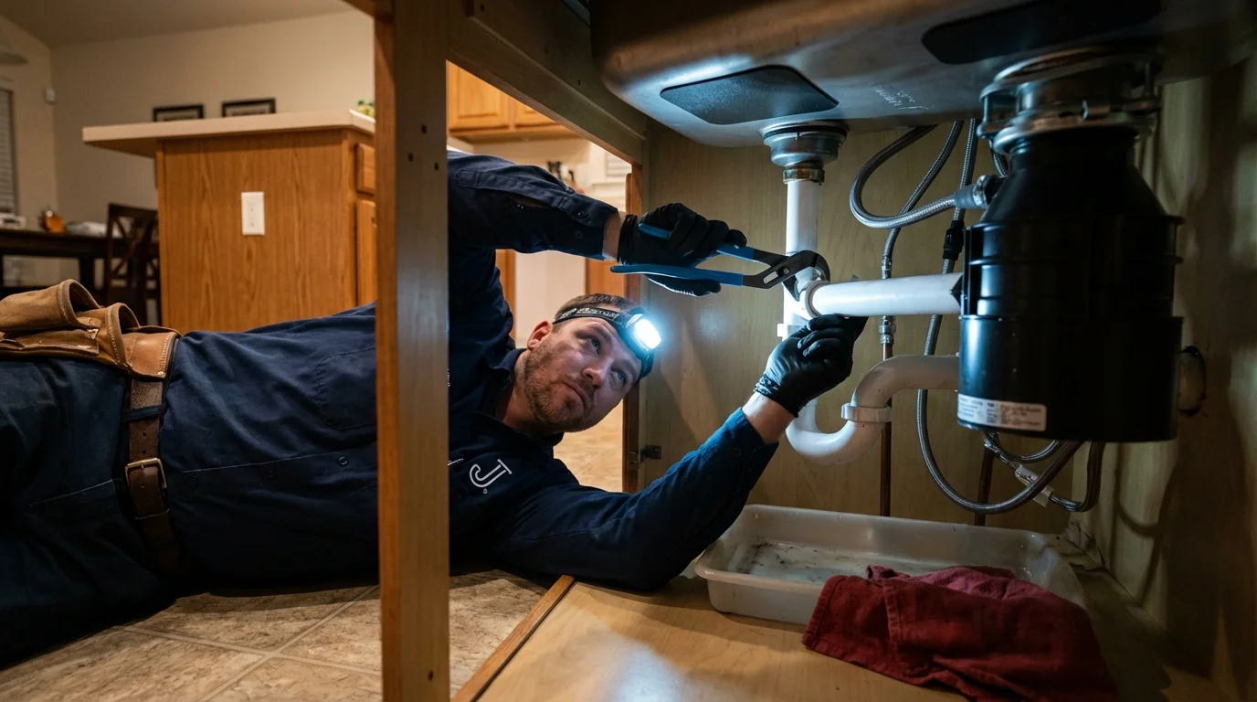 P-trap and supply line connections under a kitchen sink showing a common leak point in Norton, KS